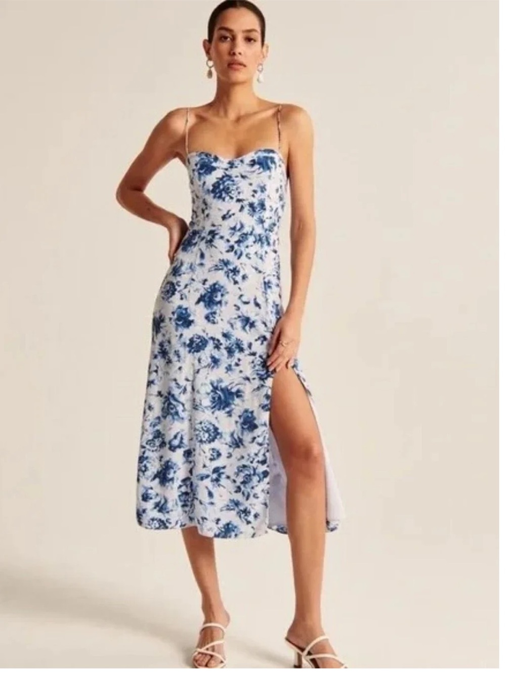Abercrombie & Fitch Blue White Floral Bustier Sweetheart Slip Midi Dress Slit - Picture 5 of 14